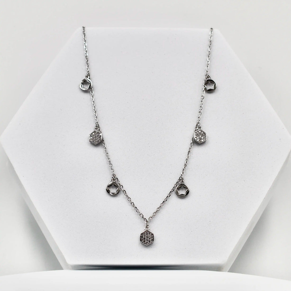 925 Silver Rose Gold Mini Necklace with 7 American Diamond Hangings