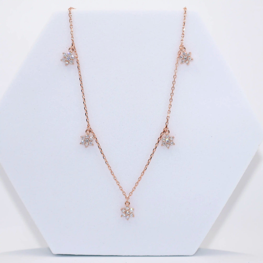 925 Silver Rose Gold Mini Necklace with 5 American Diamond Flower Hangings